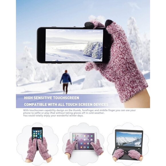 Women's Wine Red Warm Knit Beanie Hat Touchscreen Gloves Long Neck Scarf Set - Picture 4 of 7